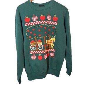 Vintage 90s Granny Cottage Puff Print Apple Cart Green Crewneck Sweatshirt L
